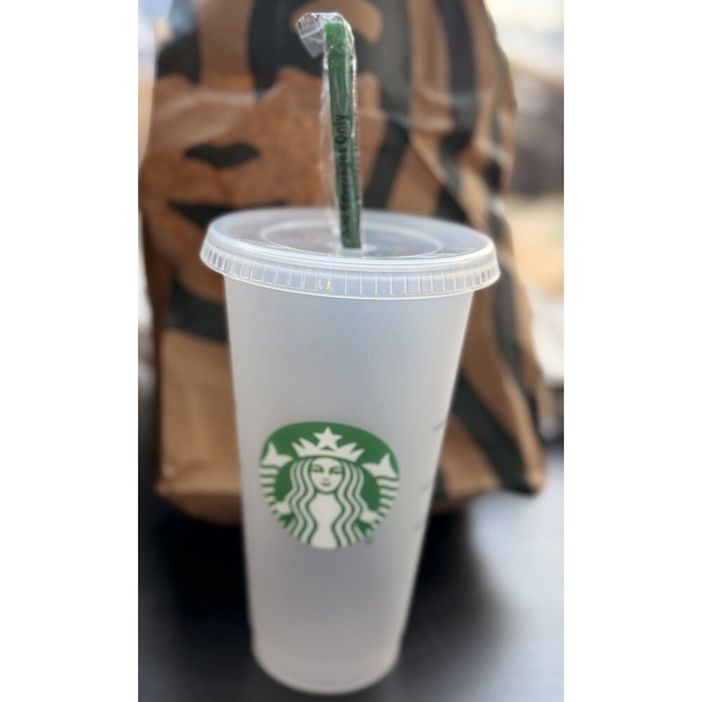 Starbucks Reusable Plastic Venti Cup Clear Frosted 24oz Cold Tumbler & Straw